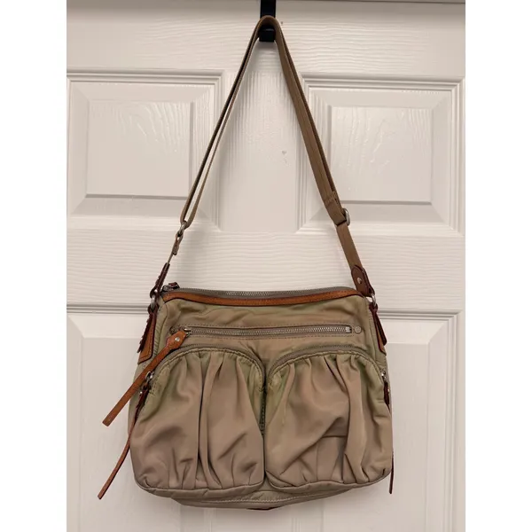 MZ Wallace Nylon Crossbody Bag Khaki Taupe Leather Trim Multi Pocket Utility - Image 2