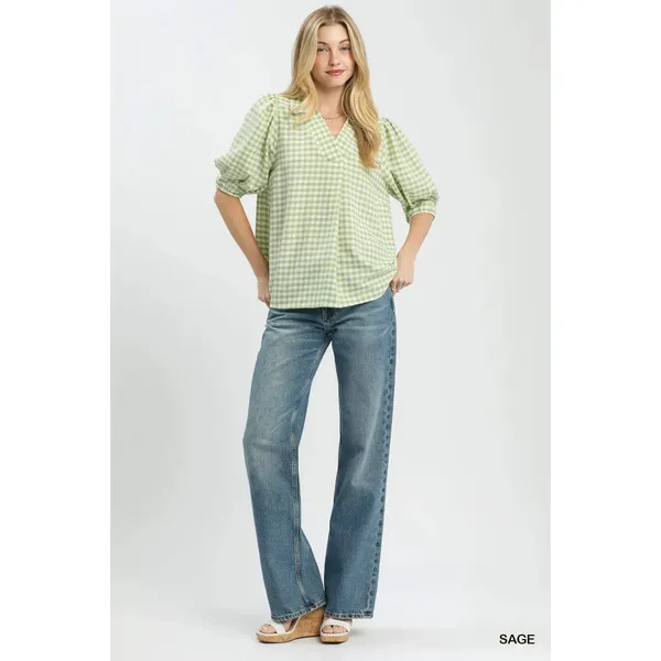 Umgee Gingham Puff Sleeve Collared Blouse - Medium - Image 5