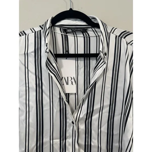 NWT Zara Women Striped Silky Button Down Shirt Long Sleeve Size Large 2498 - Image 2
