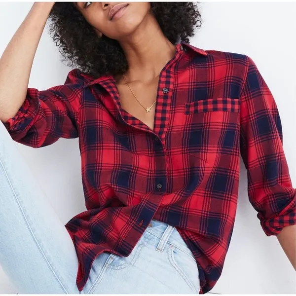 Madewell Red Plaid Ex-Boyfriend Flannel 90s Grunge Small - Image 3