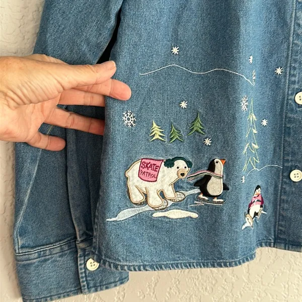 Christopher & Banks Denim Embroidered Button Up Shirt Polar Bear Snow Teacher - Image 2