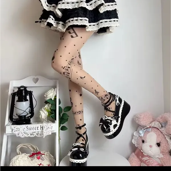 Musical Note Patterned Tights Black - Image 2