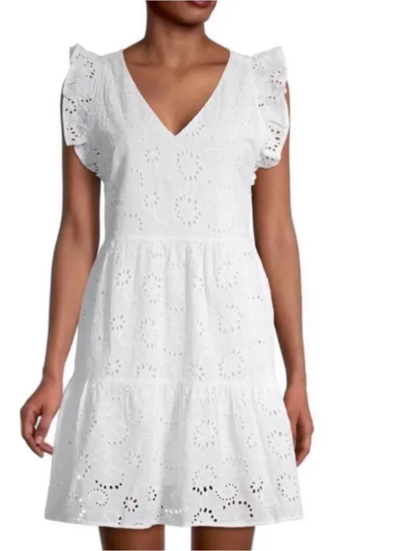 Time and Tru Women’s White Eyelet V-Neck Ruffle Sleeve Sundress Size Large 12/14 - Image 2