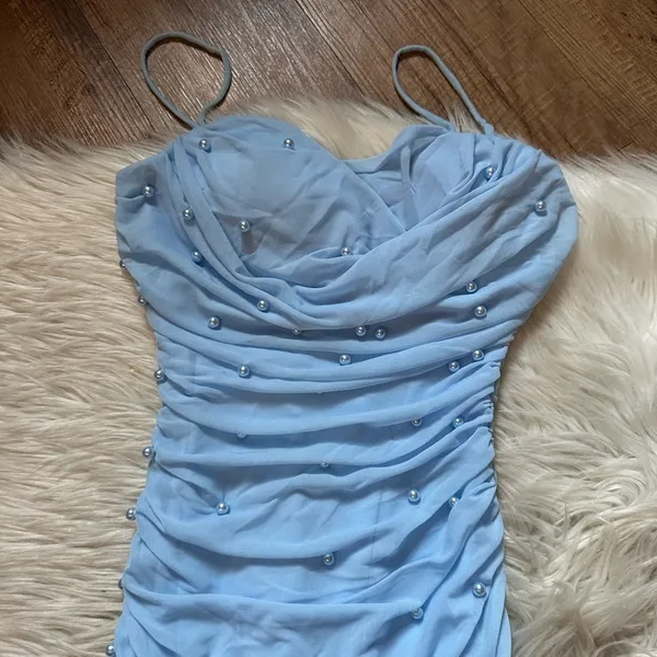 VANILLA BELLA Sky Blue Pearl Mini Dress - Image 4