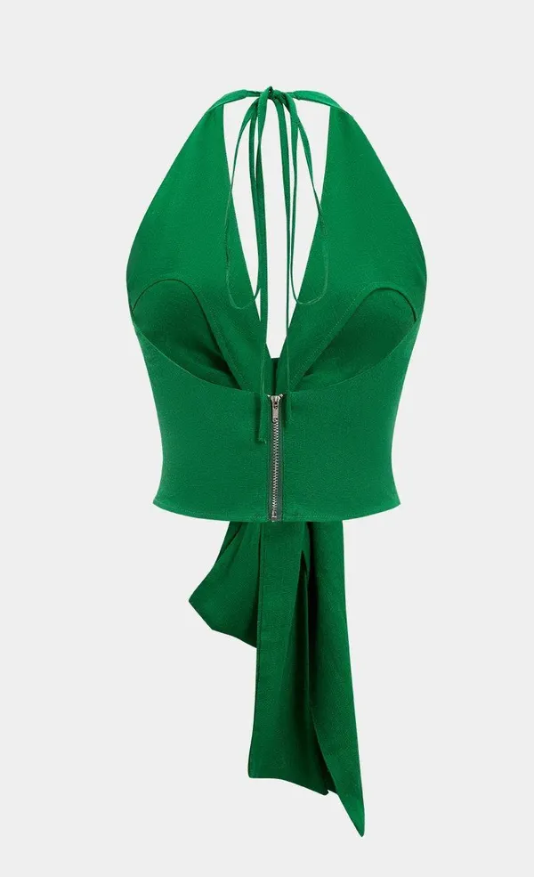 MICAS Green Linen V-Neck Halter Tie-Front Ruched Zipper Backless Cami Top - Image 2