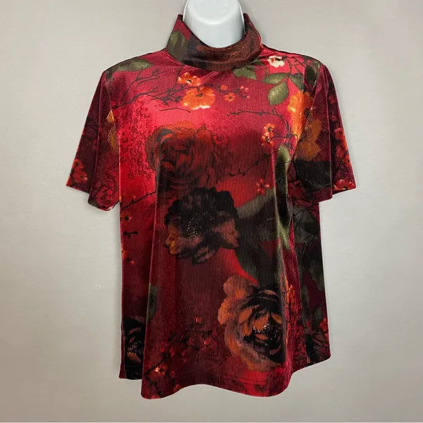 Vintage Floral Top Velvety Ribbed Short Sleeves Deep Red Mock Neck‎ Women Medium - Image 9