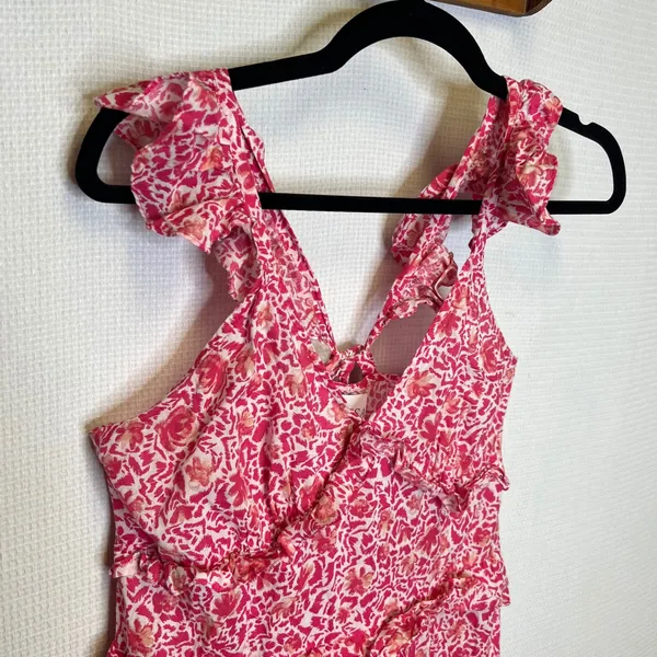 MISA Los Angeles Pink Floral Tiered Maxi Dress Ruffle V-Neck Size M - Image 3