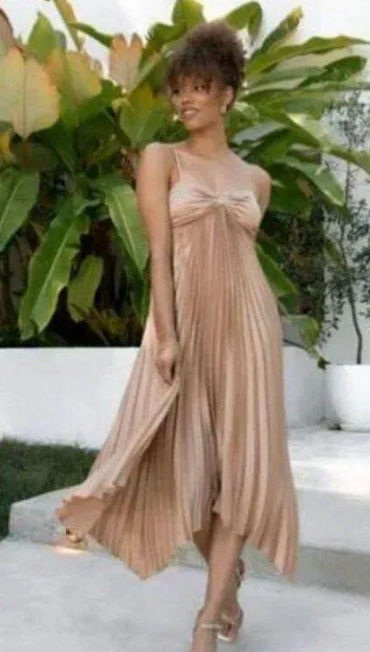 Petal & Pup Vikki Gold Satin Pleated Asymmetrical Hem Midi Dress 2 - Image 5