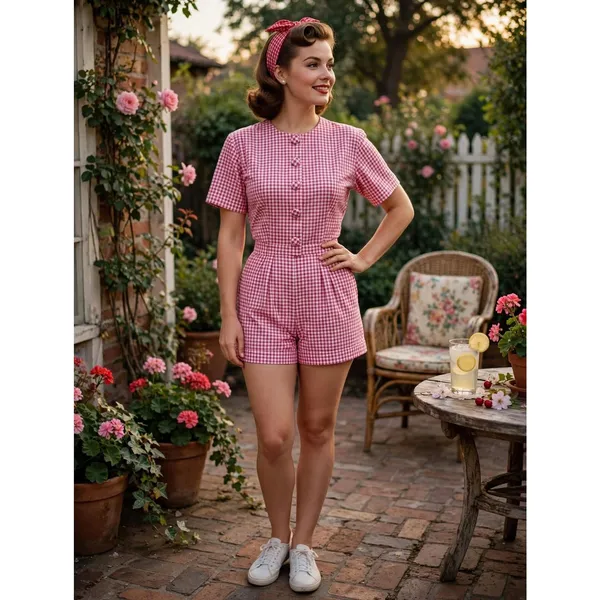FADS VINTAGE pink white gingham button-front romper playsuit 80s 90s - Image 8