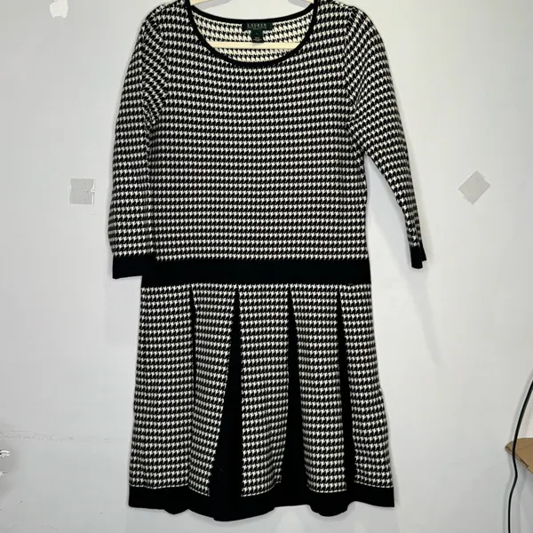 Lauren Ralph Lauren‎ Houndstooth Classic A-line Pleated Knee Length Dress Large - Image 2