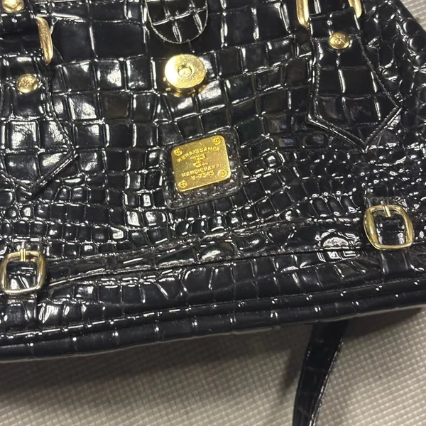 Vintage Renaissance Handicraft Black Patent Croc-Embossed Doctor Bag / Crossbody - Image 8