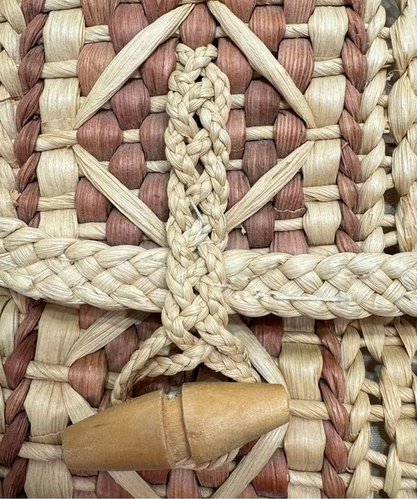 Medium Straw Bag with Wood Button Closure and Two Straps - Image 6
