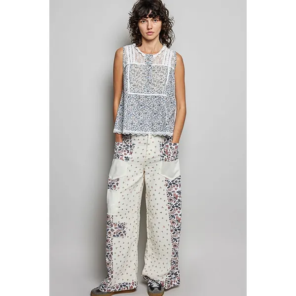 POL Printed Woven Lace Back Round Neck Sleeveless Top - Medium - Image 5