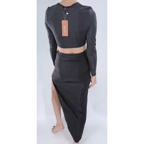 Women’s Black Cutout Long Sleeve Crop Top & High Slit Maxi Skirt Set Size Small - Image 2