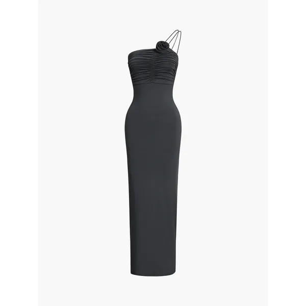 Commense Minimalist Bodycon Off Shoulder Black Rose Decor Ruched Maxi Dress S - Image 3