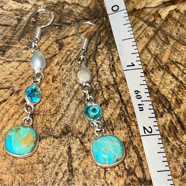 Faceted Tibet Turquoise Earrings 2 1/2” Gold - Image 4