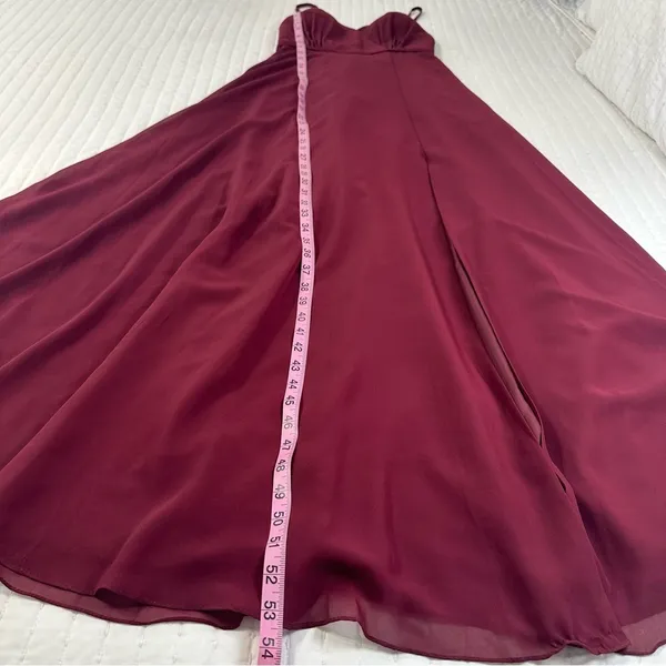 JJ's House Floor Length Bridesmaid Gown in Burgundy With Slit And Low Back Size 0 - Image 5