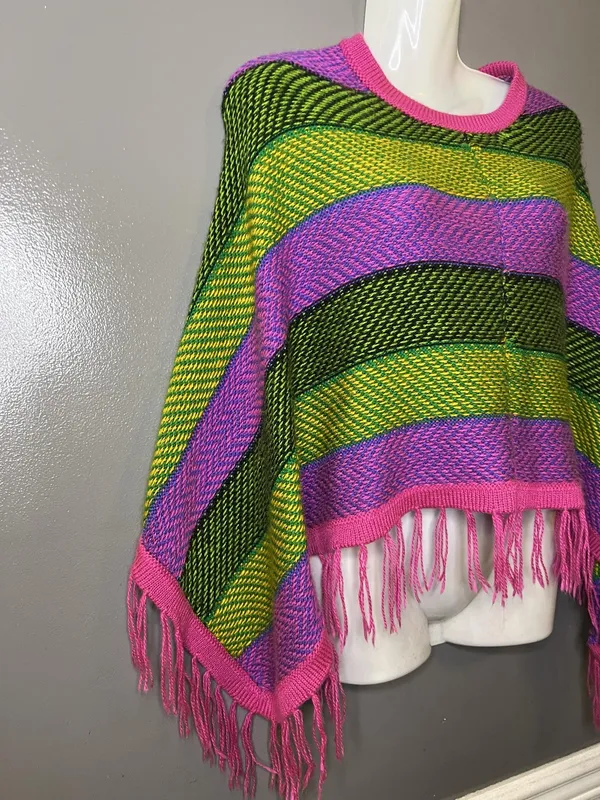 Colorful Striped Poncho Womens One Size Multicolor Fringe Knit Boho Lightweight - Image 3