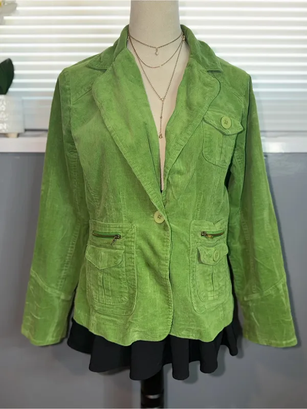 Paris Blues Lime Green Corduroy Fitted Utility Blazer Jacket Y2K L - Image 2