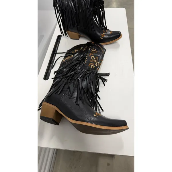Women's Black Western Fringe Cowboy Boots Embroidered Pointed Toe Block Heel 8.5 - Image 6