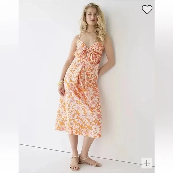 J. CREW Tie Front 100% Cotton Poplin Midi Loose Fit Dress in Orange Floral Small - Image 3