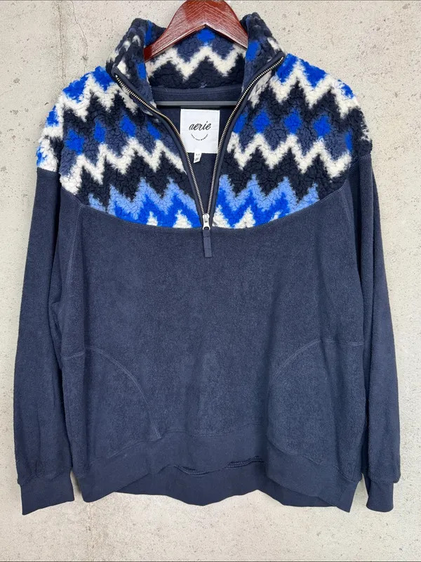 Aerie oversized Sherpa Fleece Quarter Zip Pullover Blue Fair Isle Sweater S - Image 2