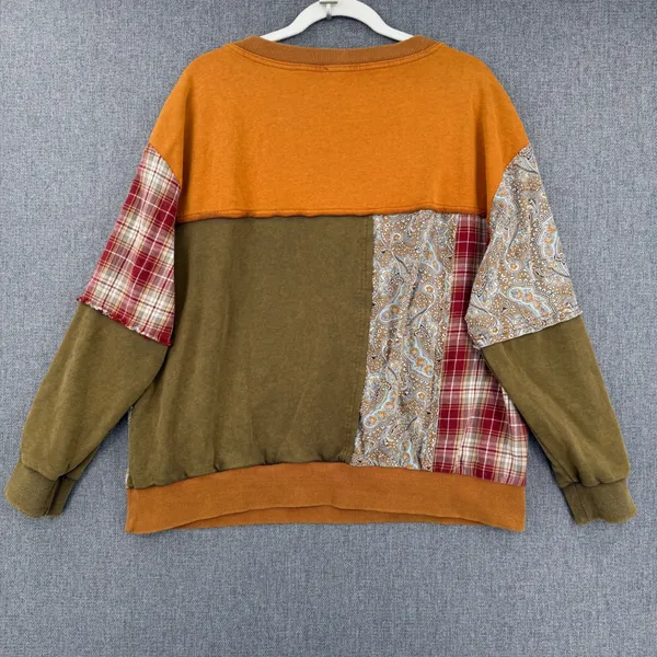 Oli & Hali Patchwork Distressed Pullover Sweatshirt Plaid Paisley Boho Fall Sz S - Image 2
