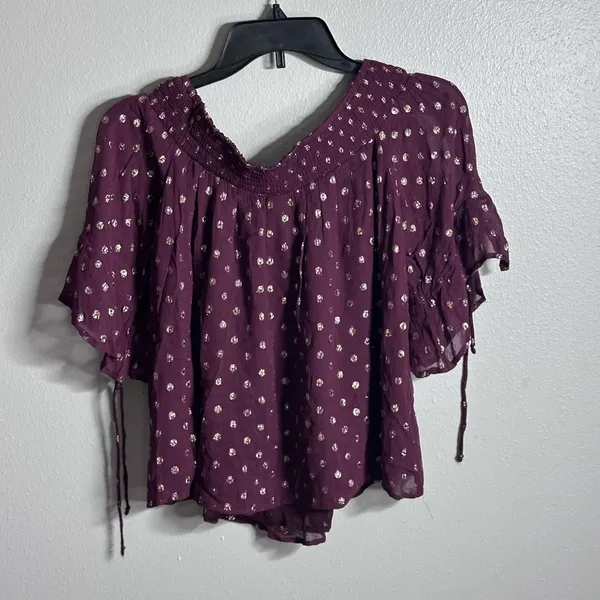 Abercrombie‎ & Fitch Polka Dot Red/Burgundy Off shoulder blouse size S - Image 5