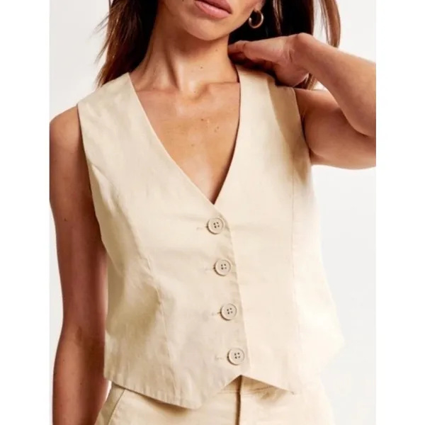 Abercrombie‎ & Fitch Cream Linen Cross Back Tailored Vest S Minimalist - Image 2