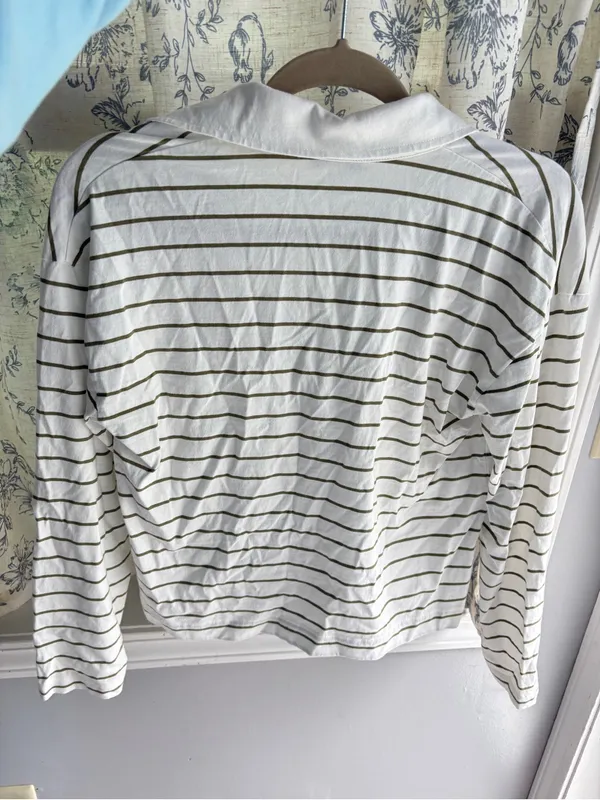 Vince Easy Polo Striped Cotton Long Sleeve Women’s Top Olive Stone - Image 7