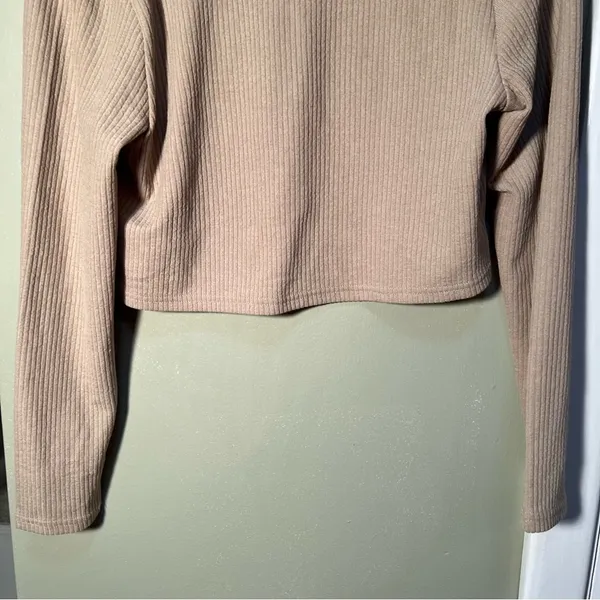 Divided H&M Women's Size Large Cropped Knit Top Cardigan Beige Ribbed Tie Front‎ - Image 8