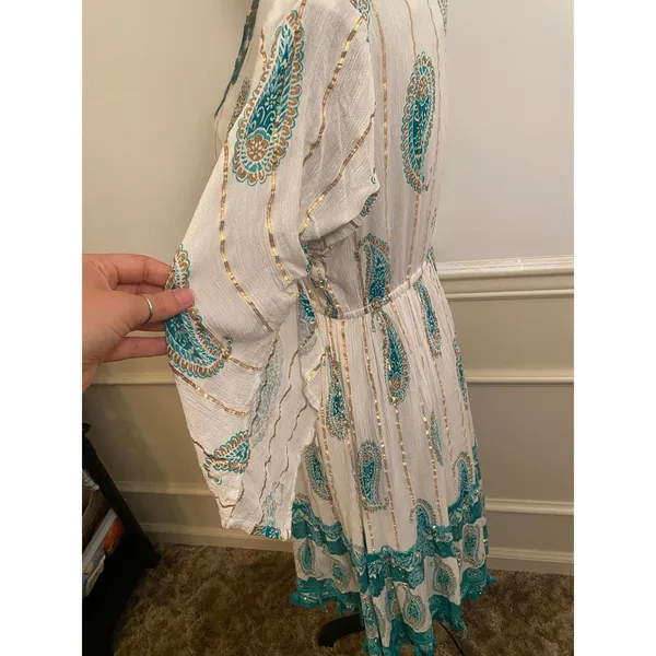 Anthropologie Me 2 Magic Boho Tassel Green White Sequin Dress Flutter Sleeve - Image 5