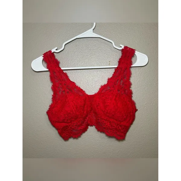 Aerie Red Floral Eyelash Lace Padded Plunge Bralette Bra Women’s Size Medium - Image 3