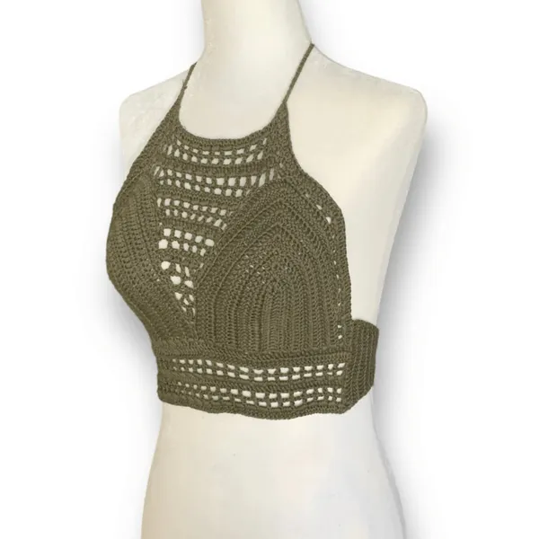 Charlotte Russe Crochet Knit Halter Olive Green Open Back Festival Crop Top‎ Small Forrest Fairy - Image 6