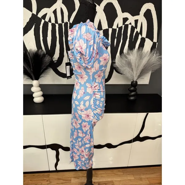 Boohoo Maternity Blue Pink Floral Off Shoulder Ruched Midi Dress Size 8 NWT - Image 4