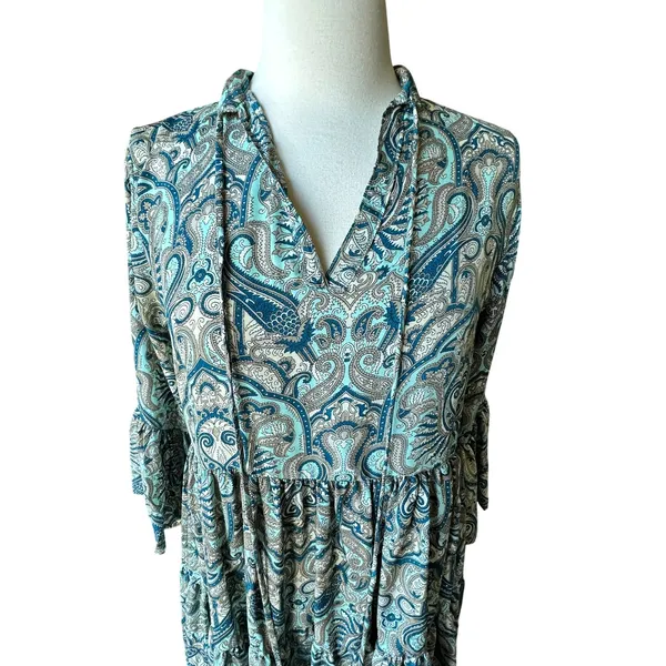 Paani Teal Paisley Tiered Babydoll Dress Flowy‎ Vneck Tassle High Waisted Flowy - Image 7