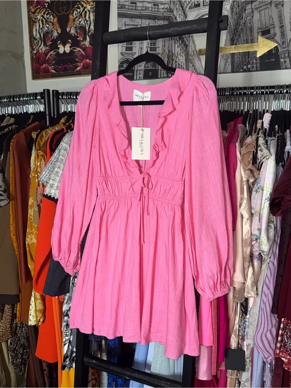 Mika & Gala Carnivale Pink Balloon Sleeve Ruffle Mini Dress Womens XS New NWT - Image 8