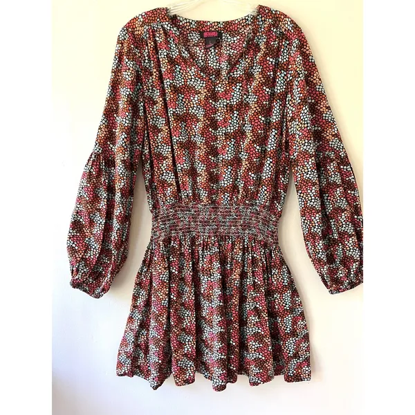 Rock & Roll Cowgirl Sz L Ditsy Floral Print Flowy Mini Dress Rust Copper Smocked Waist - Image 2
