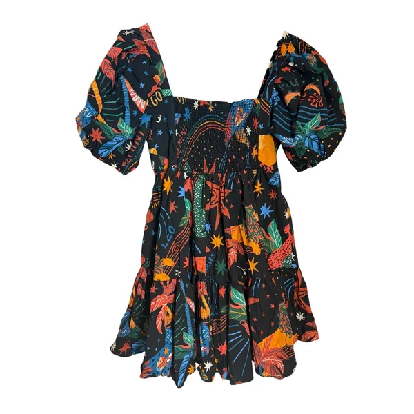 Farm Rio Zodiac Print Black Puff Sleeve Square Neck Babydoll Mini Dress Size M - Image 13