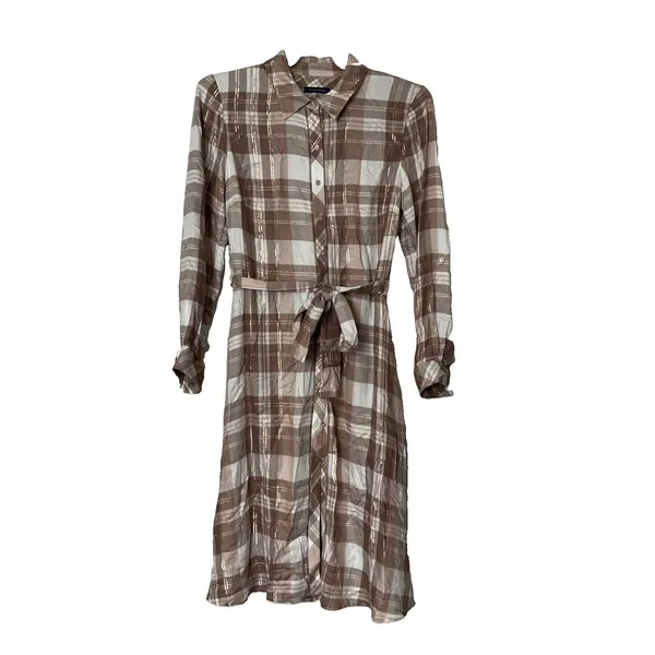 Tommy Hilfiger Womens Metallic Plaid Shirtdress Taupe NWT Size 8 Preppy Classic - Image 2