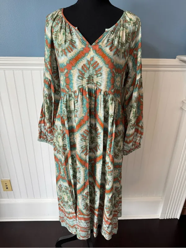 Nurture Westbound Boho Tie Dye Midi Dress M Teal Rust Babydoll Long Sleeve Flowy - Image 2