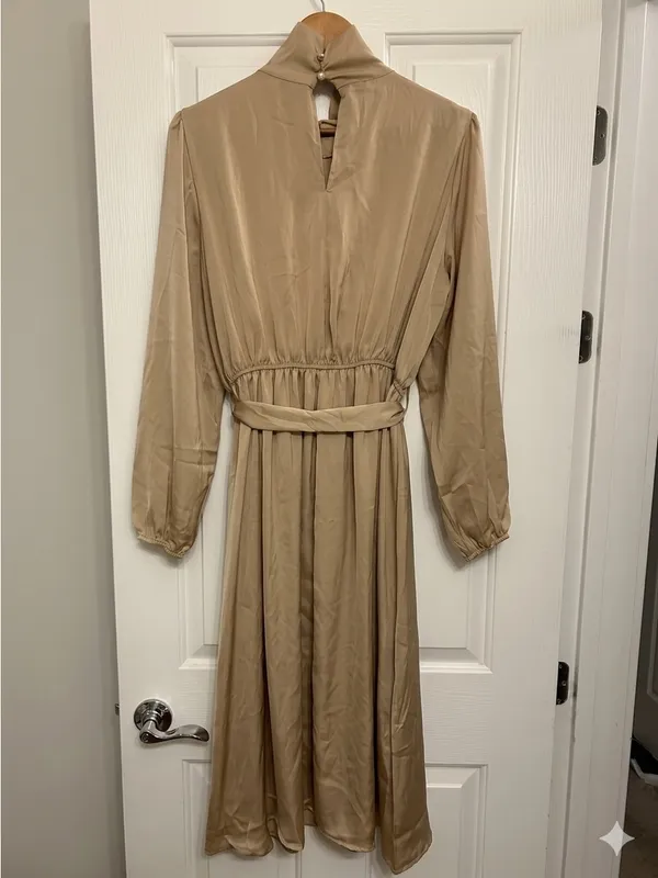 Lyaner Champagne Satin Mock Neck Tie-Waist Long Sleeve Midi Dress Size M - Image 2