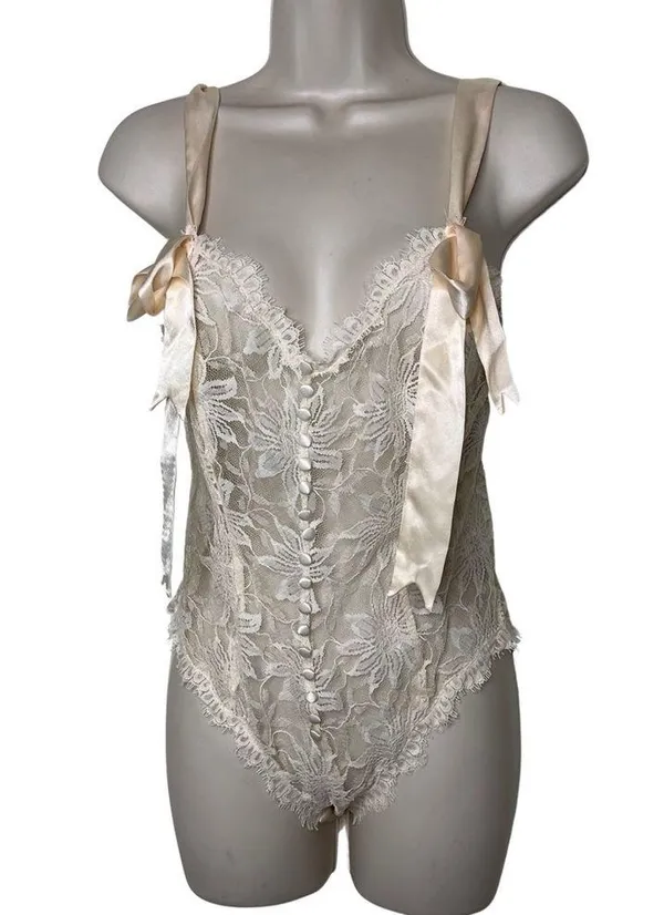 Victorias Secret Gold Label Vintage Cream Lace Bow straps Bodysuit sz S - Image 2