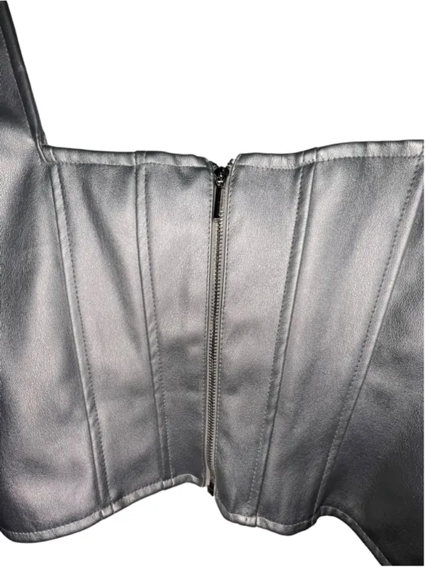 Japna Silver Metallic Corset Square Neck Faux Leather Y2K Tank Top - Image 5