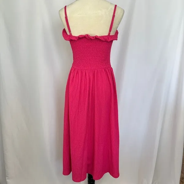 H&M Hot Pink Smocked Midi Dress Ruffle Trim Spaghetti Strap Sundress Women Large - Image 3