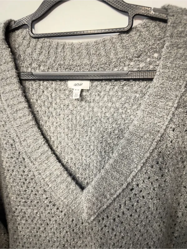 Aerie Open Weave Oversized V-Neck Sweater Gray Size Medium - Image 7