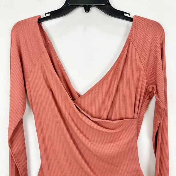 Lulus All Day Fave Rusty Rose Ribbed Surplice Long Sleeve Top Stretch XL NWT - Image 12