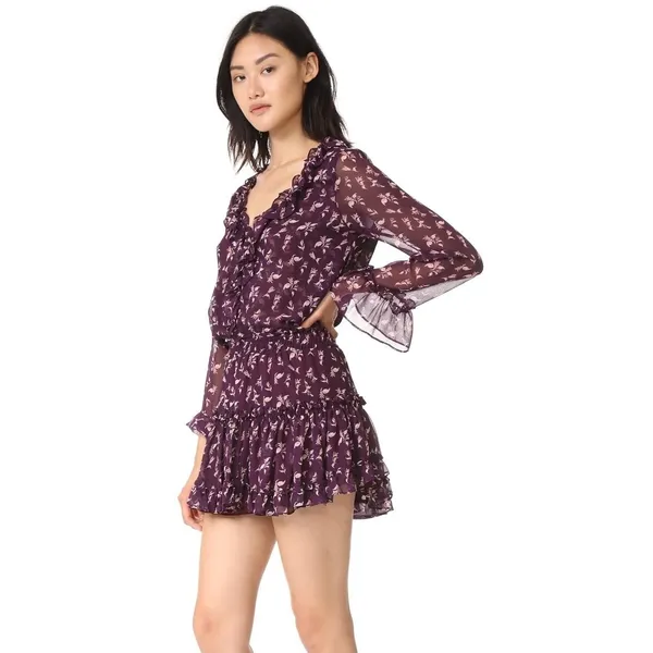 MISA Los Angeles Alina Mini Dress Purple Floral Ruffle Smocked‎ Flirty Small - Image 2