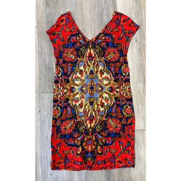 Maeve Anthropologie Dress XS Red Tunic Abstract Print V Neck Mini - Image 3