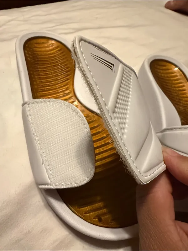 White Slide Sandals with Metallic Gold Insole - Women's - Image 5